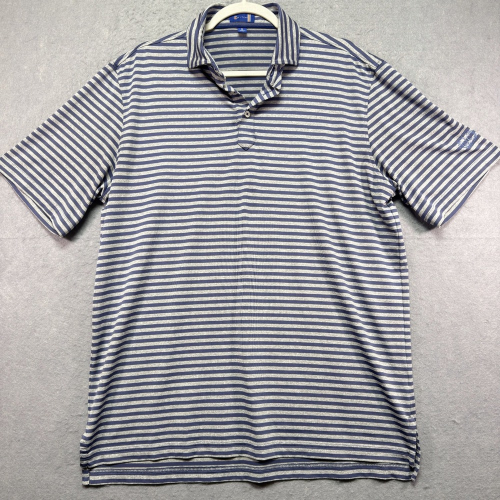 Stitch Golf Mens Medium Navy Blue Gray Striped Performance Polo Shirt RN 155812